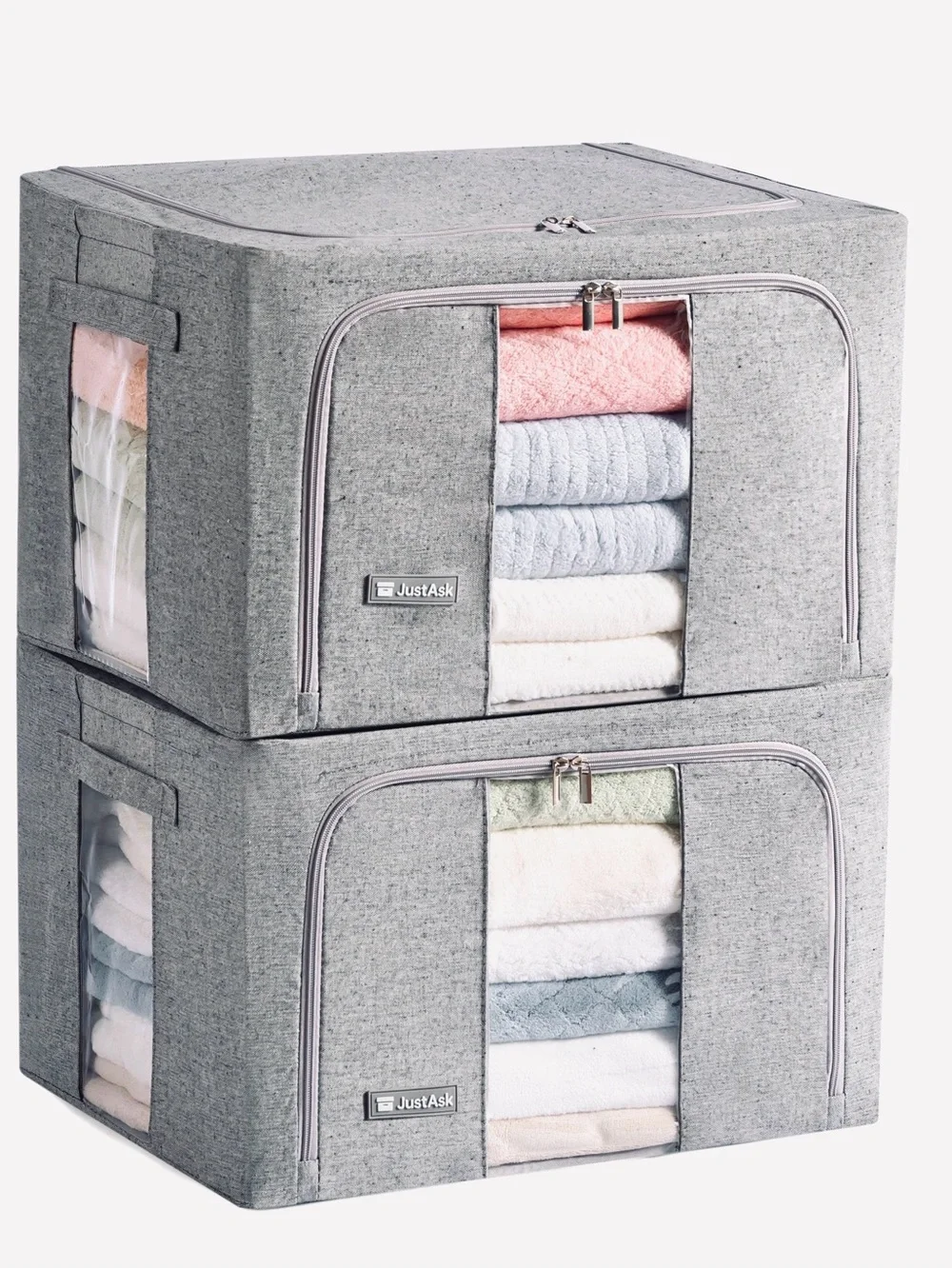 Grey Fabric Storage Boxes with Clear Window - Set of 2